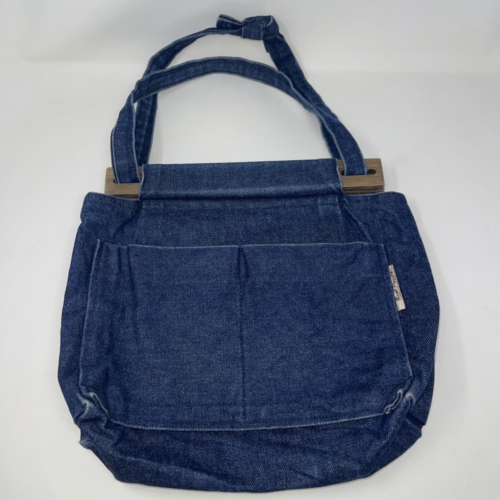 Vintage Real Purses Blue Denim Wood Accent Hand Shoulder Bag Rodeo Boho